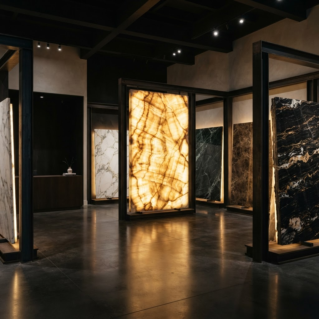 Showroom da Marmoraria Natividade com chapas de mármore e ônix iluminadas